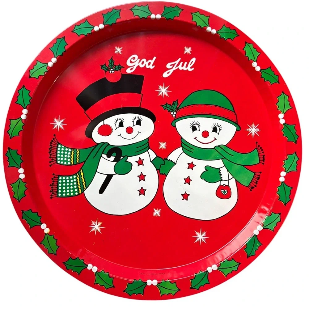 Vintage God Jul Snowman Christmas Metal Serving Tray Red Holly Round Tin Platter
